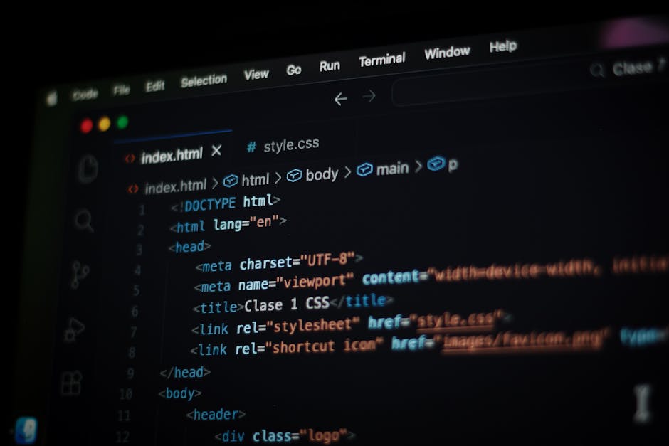 A computer screen displaying a code editor with a webpage's HTML source code visible. The code includes tags such as <!DOCTYPE html>, <html>, <head>, <meta>, and <title>. The text is predominantly in